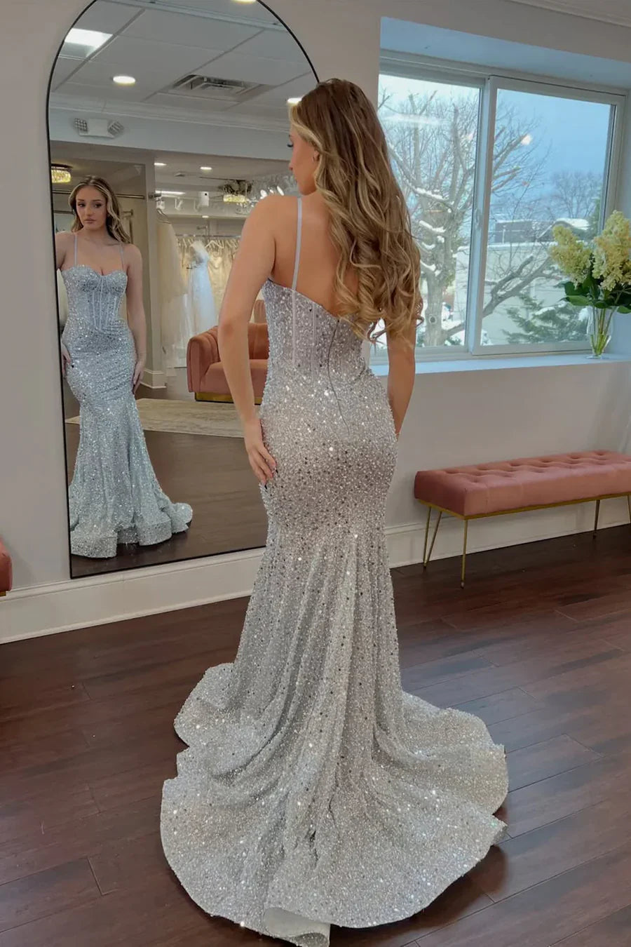 Silver Sequin Corset Mermaid Prom Dress with Train