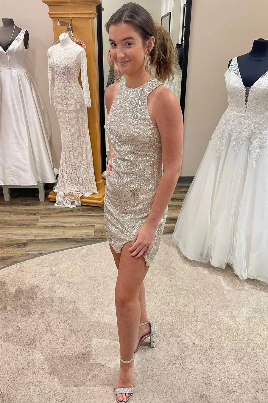 Silver Sequin Halter Open Back Short Party Dress