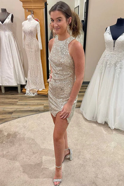 Silver Sequin Halter Open Back Short Party Dress