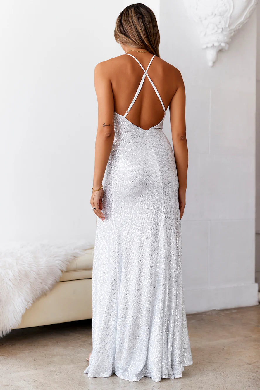 Silver Sequin One Shoulder Crisscross Back Slit Maxi Evening Dresses