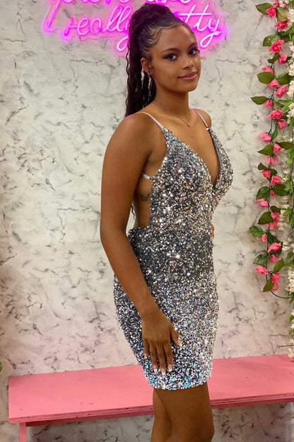 Silver Sequin V-Neck Backless Mini Homecoming Dress