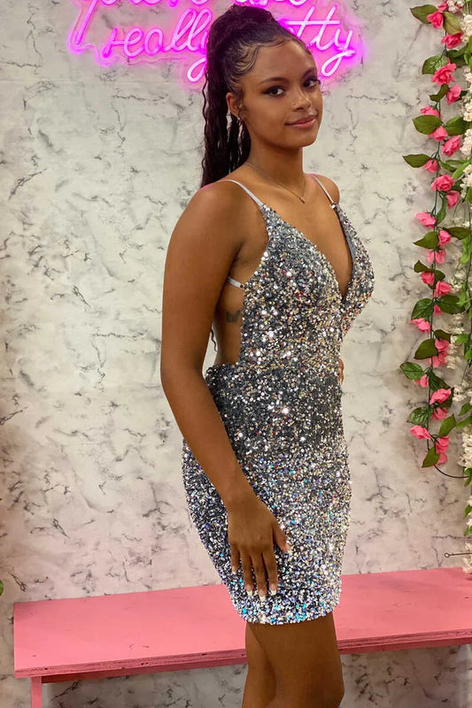 Silver Sequin V-Neck Backless Mini Homecoming Dress
