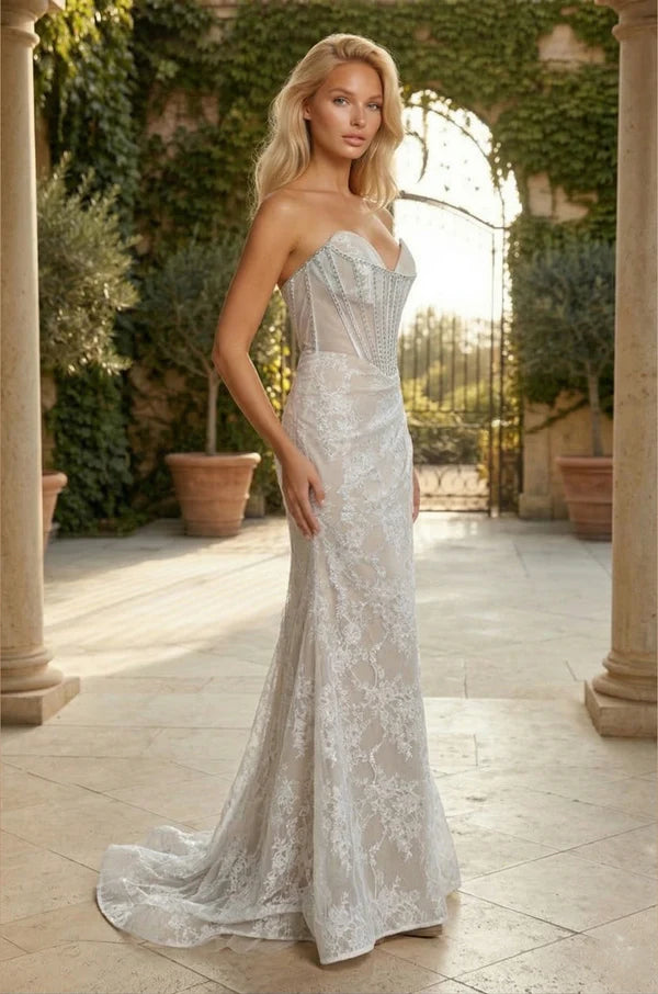 Silver Sheer Lace Crystal Corset Strapless Mermaid Train Maxi Evening Dresses