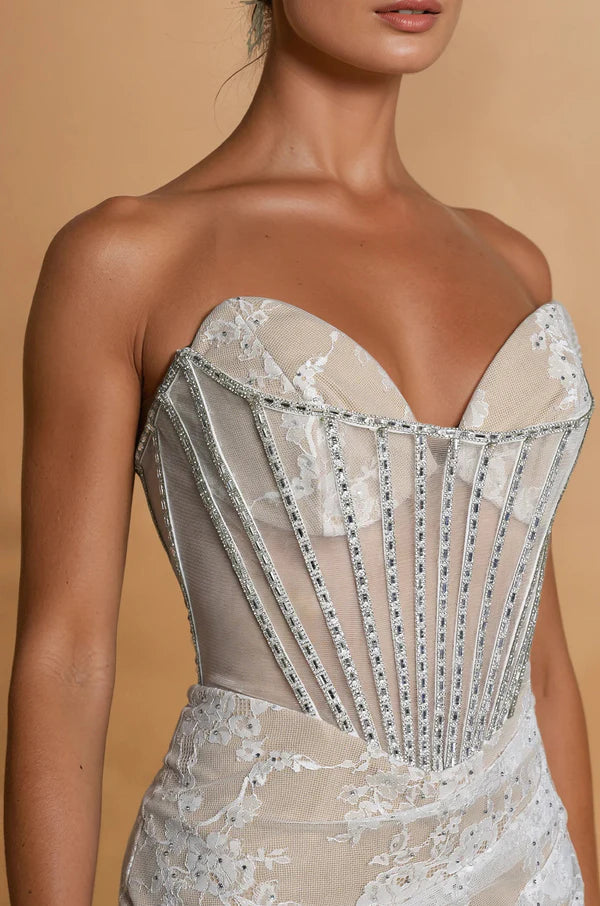 Silver Sheer Lace Crystal Corset Strapless Mermaid Train Maxi Evening Dresses