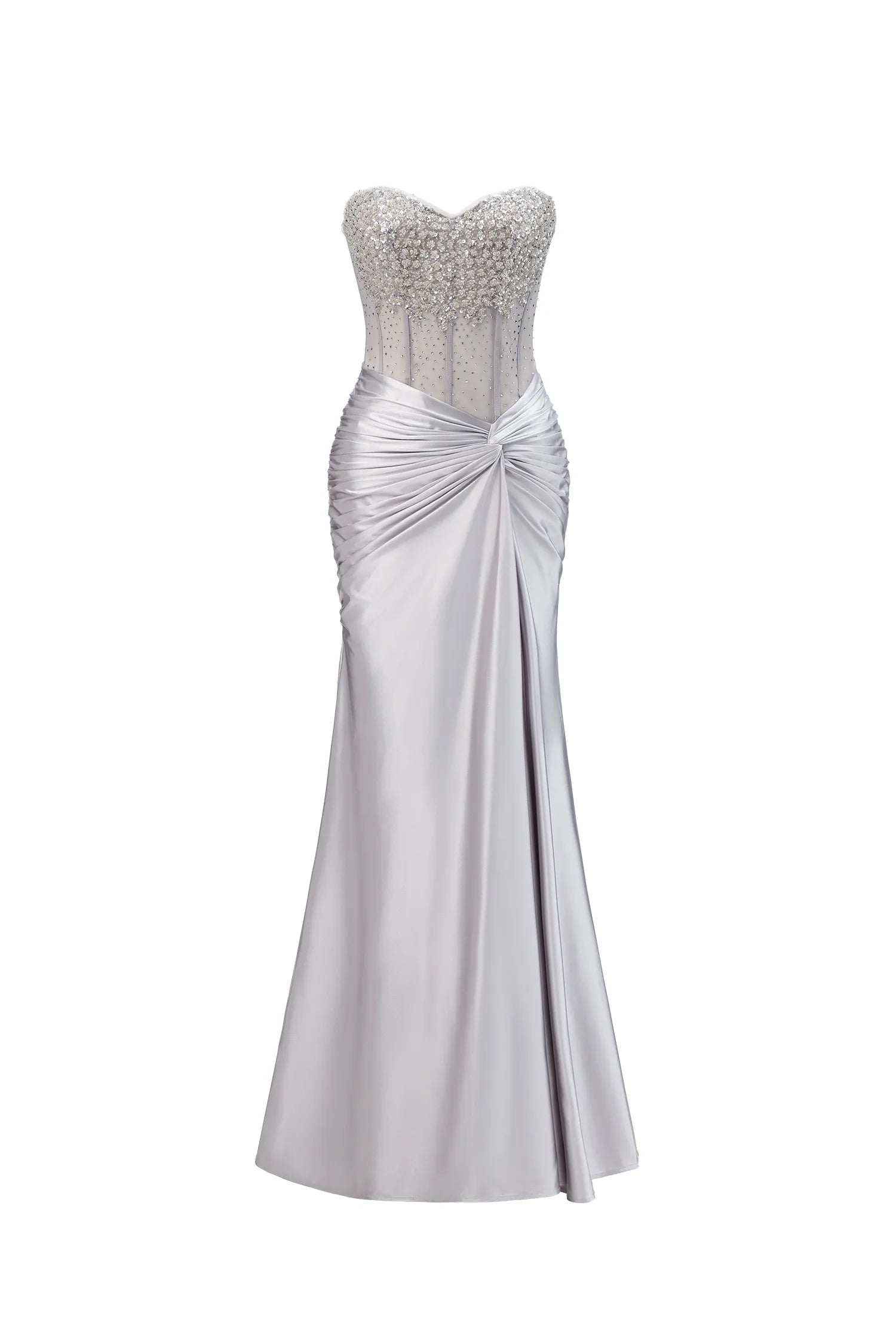 Silver Strapless Beaded Corset Lace-Up Back High Slit Satin Maxi Evening Dresses