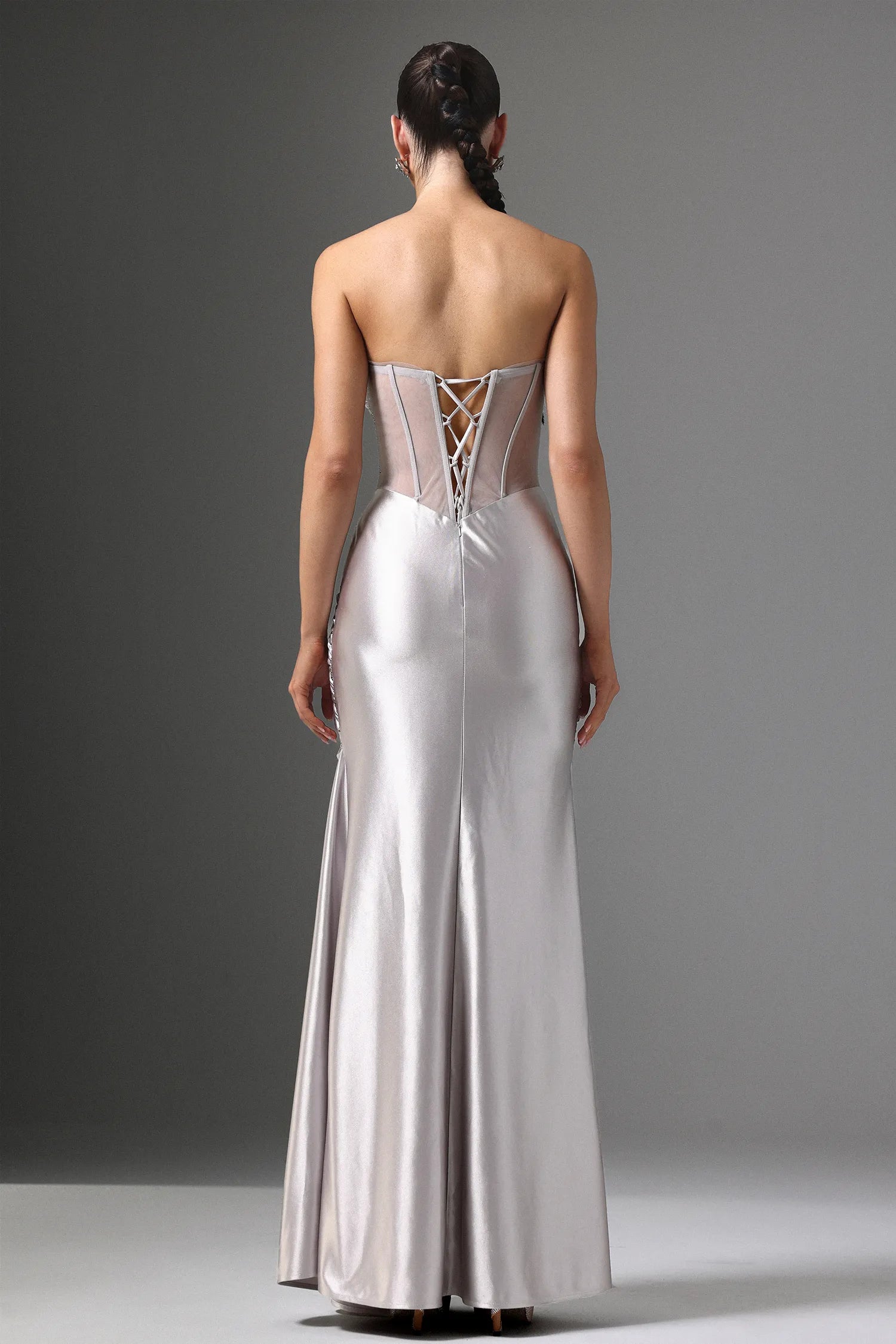 Silver Strapless Beaded Corset Lace-Up Back High Slit Satin Maxi Evening Dresses