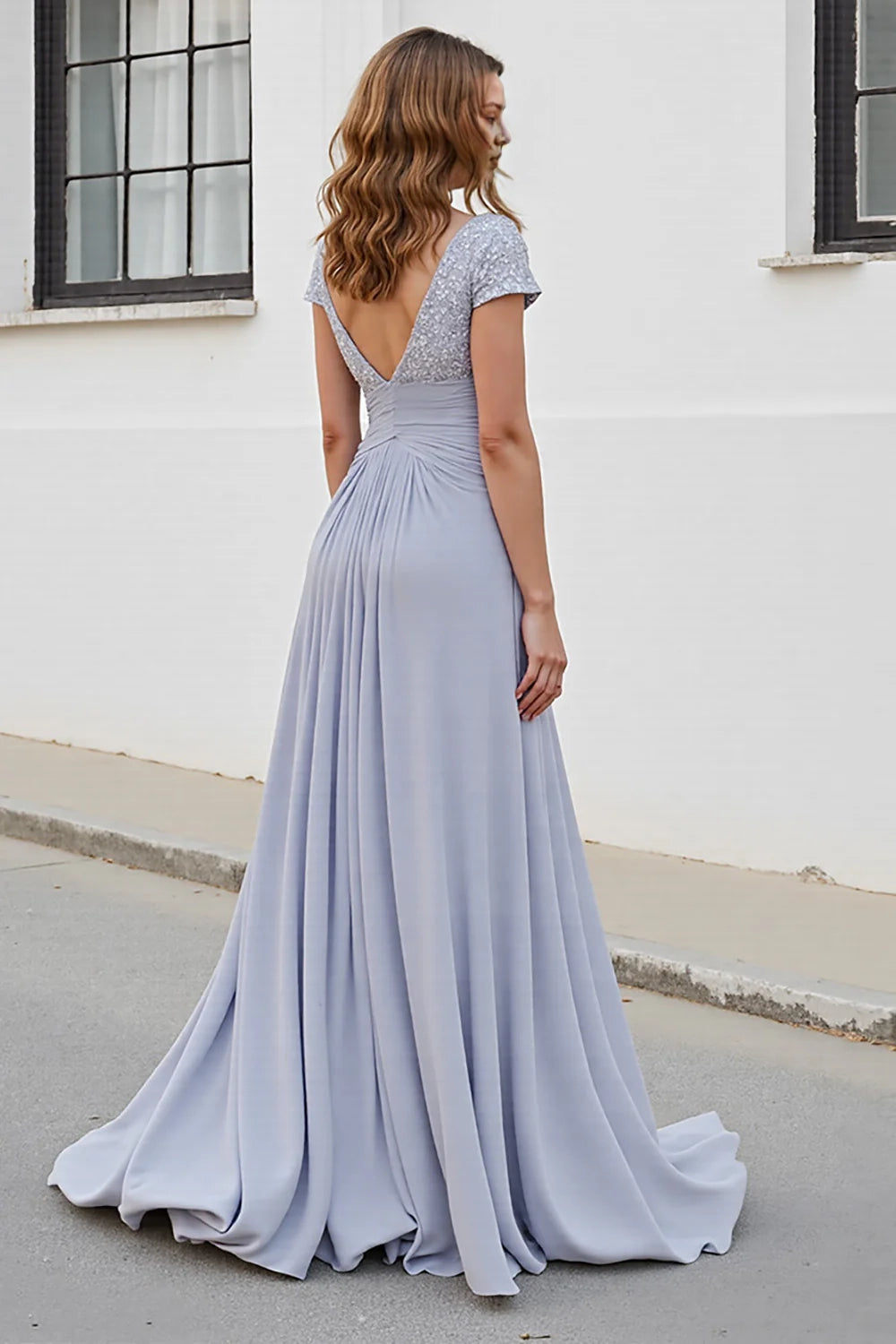 Silver V Neck A Line Mother Of The Bride Dress