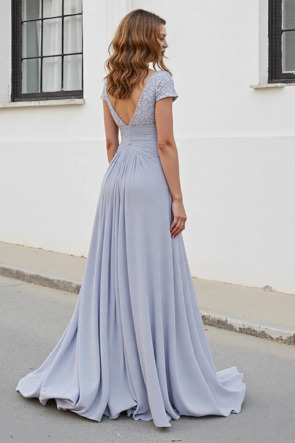 Silver V Neck A Line Mother Of The Bride Dress