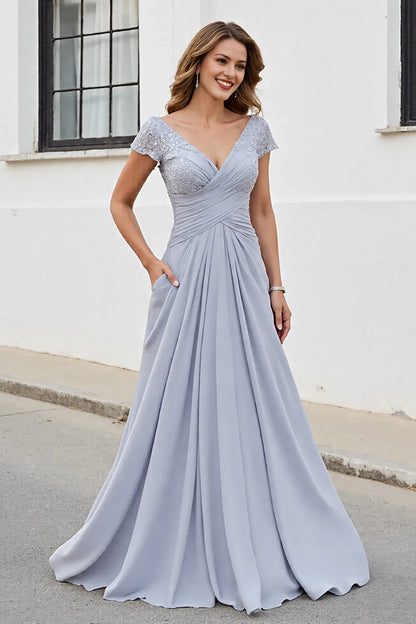 Silver V Neck A Line Mother Of The Bride Dress