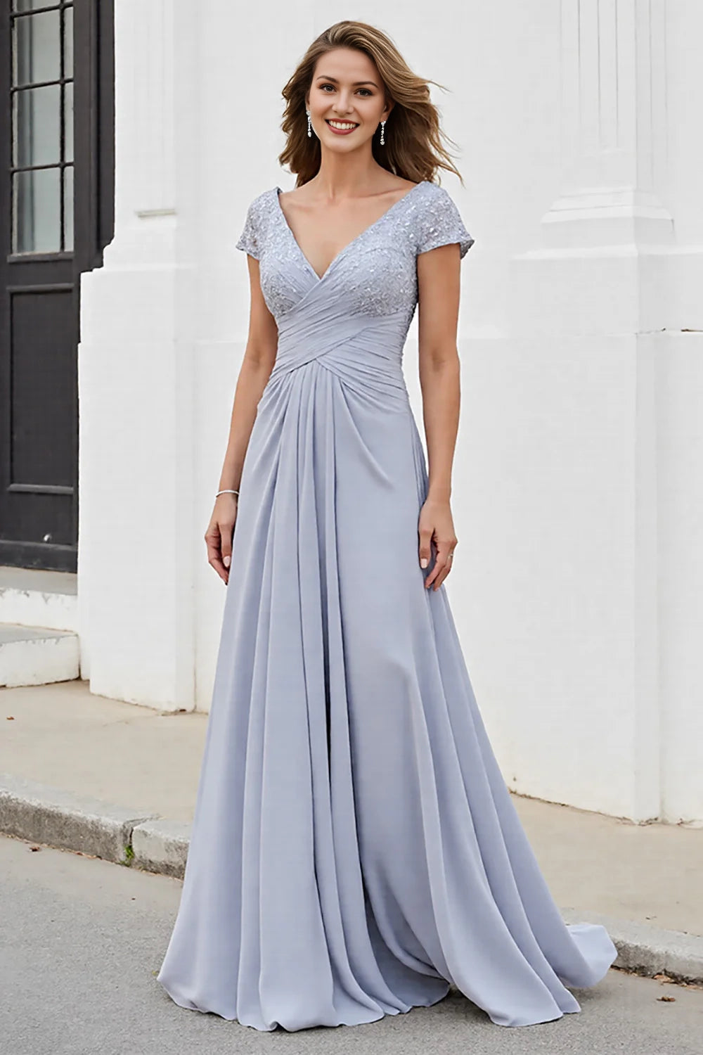 Silver V Neck A Line Mother Of The Bride Dress
