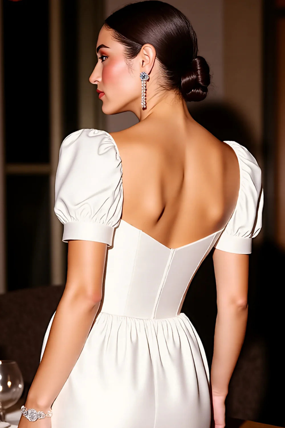 Back view of the elegant white satin A-line dress, showing its ankle-length hem.