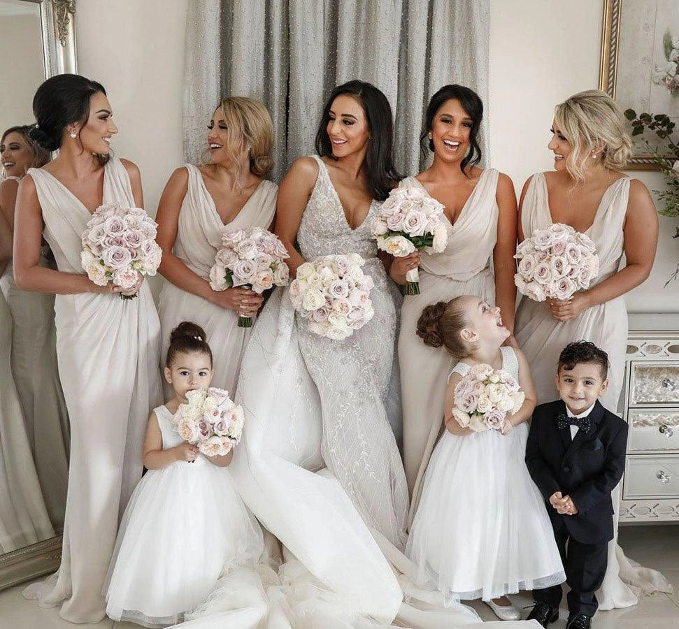 Simple Chiffon V-neck Sweep Train Pleated Bridesmaid Dresses With Slit