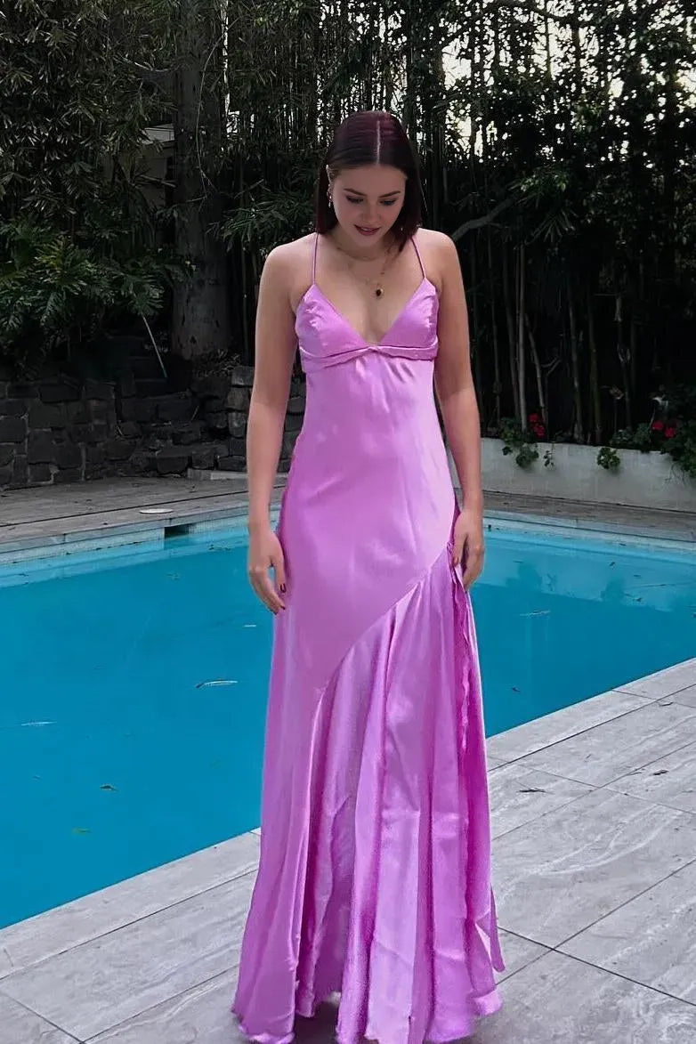 Simple Lilac A-line Plunging V-Neck Spaghetti straps Tie-Back High-Slit Floor-Length Prom Dresses Hot Sale