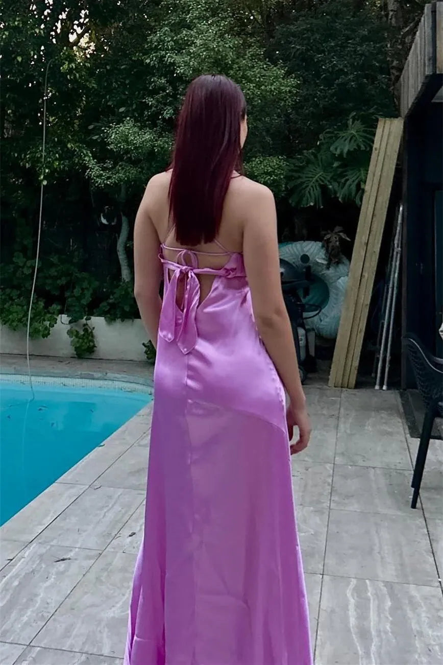 Simple Lilac A-line Plunging V-Neck Spaghetti straps Tie-Back High-Slit Floor-Length Prom Dresses Hot Sale