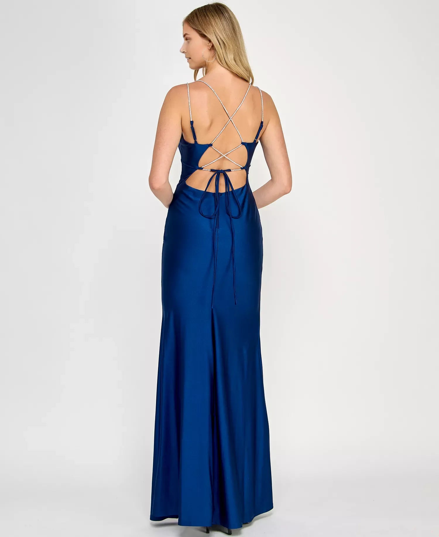Simple Rhinestone Mermaid V-Neck Sleeveless Satin Lace-Up Back Side Slit Ankle-Length Prom Dress Hot sale