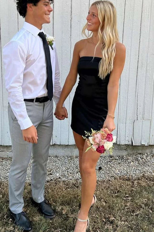 Simple Strapless Scoop Neck Satin Sleeveless Bodycon Homecoming Dress