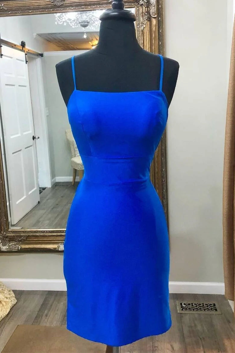 Simple Tight Spaghetti Straps Scoop Satin Mini Party Homecoming Dress
