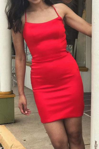 Simple Tight Spaghetti Straps Scoop Satin Mini Party Homecoming Dress