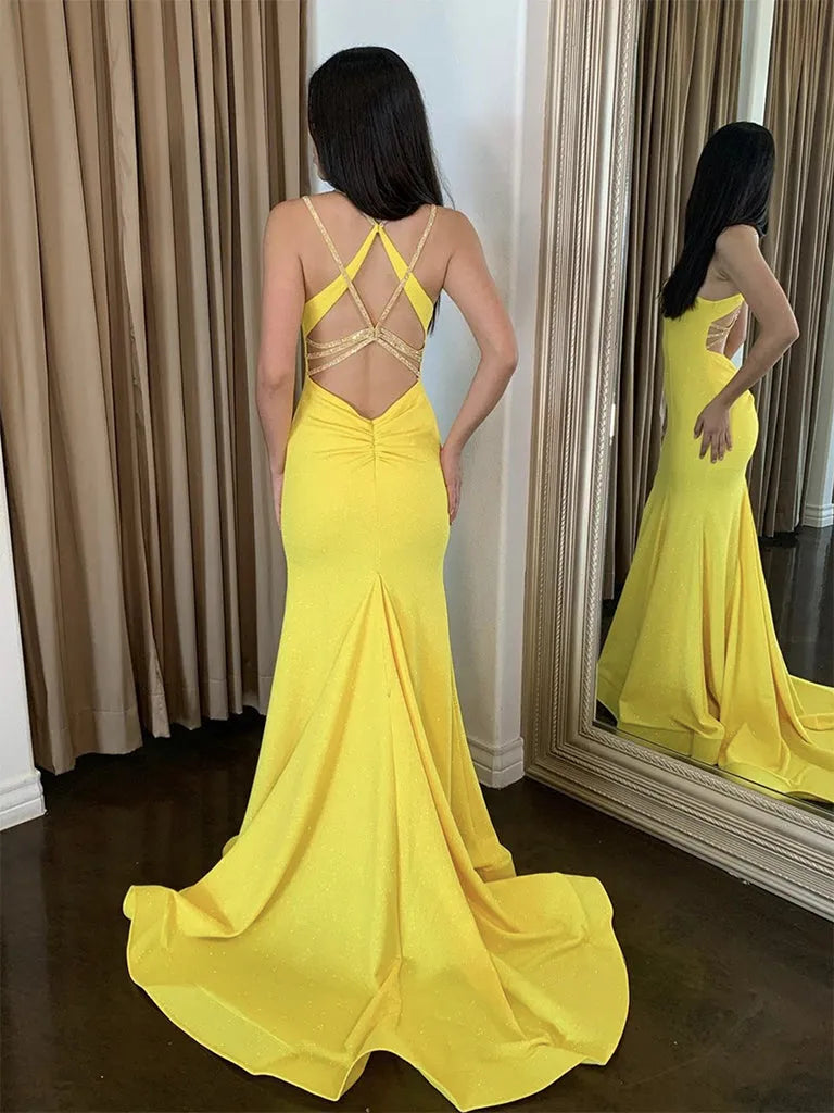 Simple Yellow Mermaid Square Neck Crystal-Strap Backless Satin Floor-Length Prom Dress Hot sale
