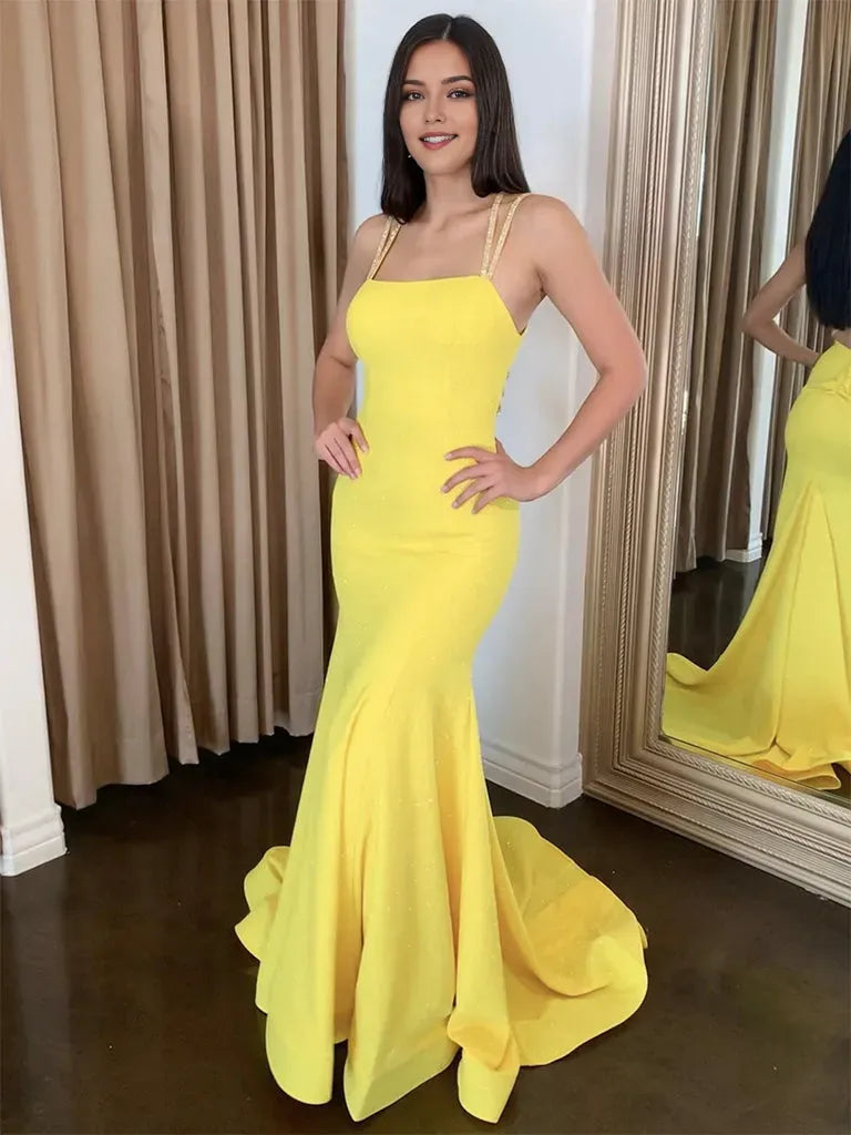 Simple Yellow Mermaid Square Neck Crystal-Strap Backless Satin Floor-Length Prom Dress Hot sale