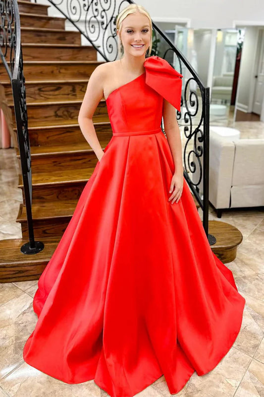 Single shoulder asymmetrical bow waist cinching long skirt