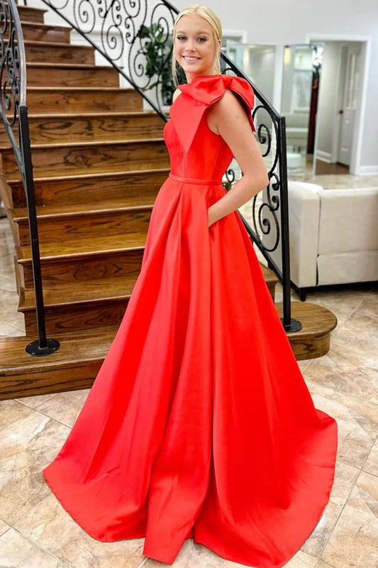 Single shoulder asymmetrical bow waist cinching long skirt