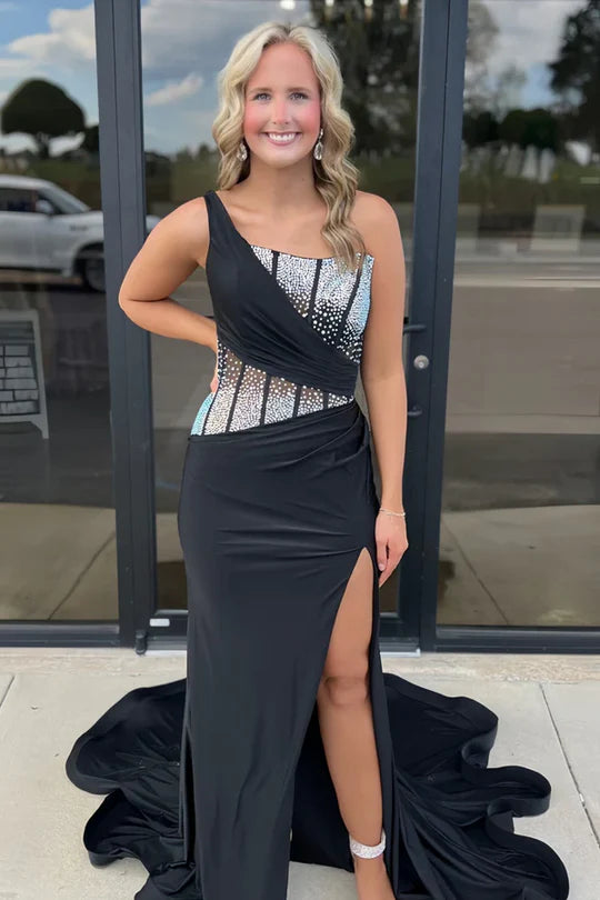 Single shoulder beaded sleeveless long slit ball dress