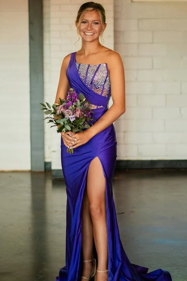 Single shoulder beaded sleeveless long slit ball dress