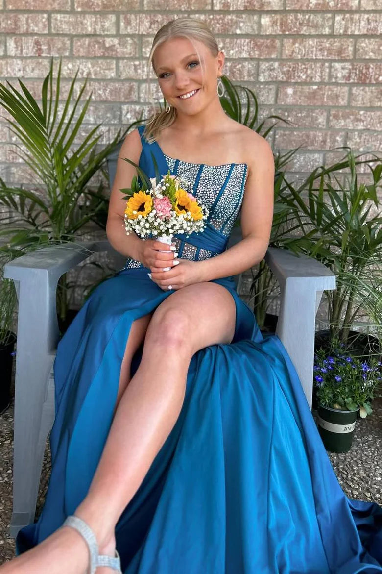 Single shoulder beaded sleeveless long slit ball dress