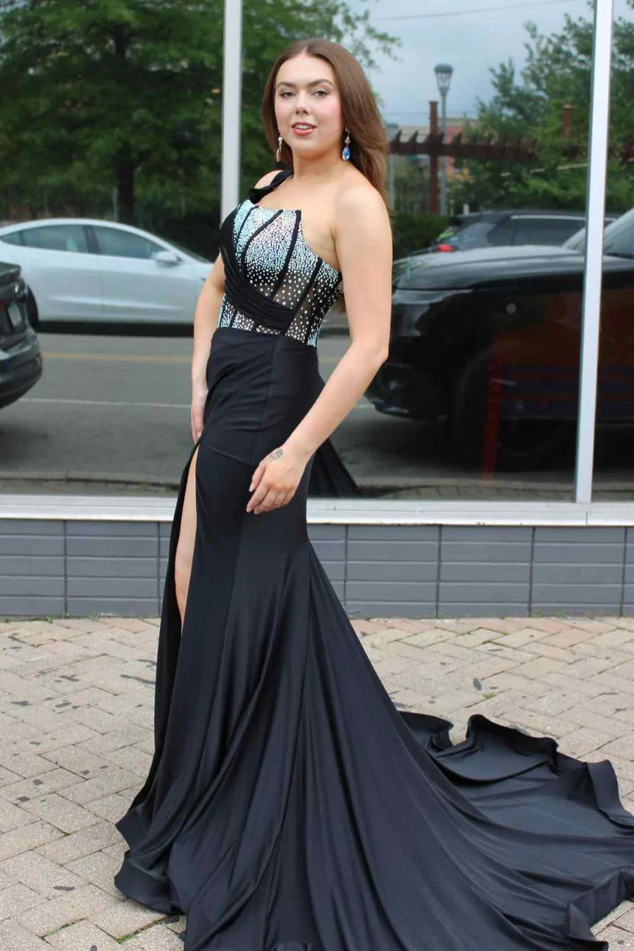Single shoulder beaded sleeveless long slit ball dress
