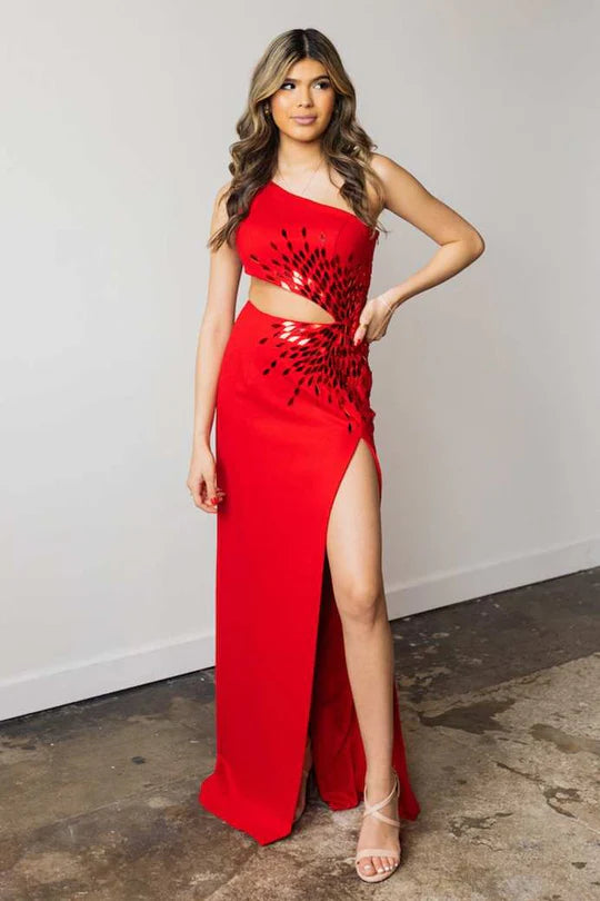 Single shoulder cut glass mirror long ball gown with slit
