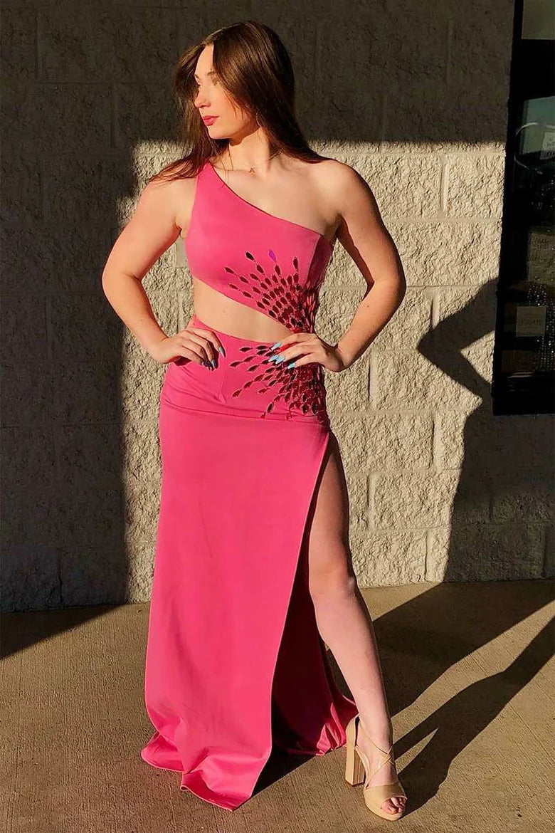 Single shoulder cut glass mirror long ball gown with slit