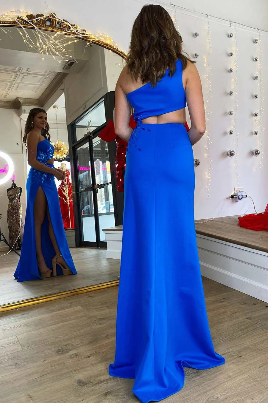 Single shoulder cut glass mirror long ball gown with slit