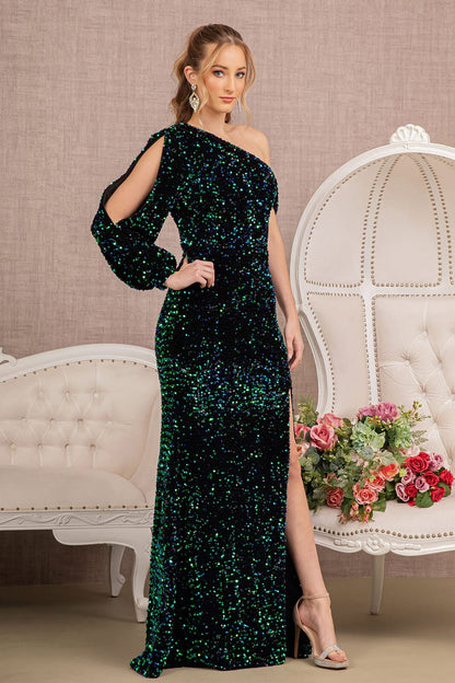 Single shoulder long sleeved off shoulder mermaid dress with side slit and sequins