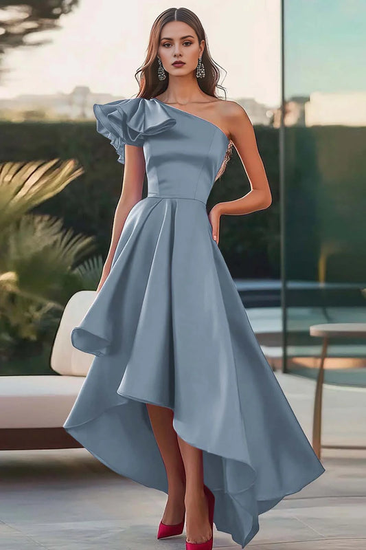 Single shoulder satin A-line high-low formal dress