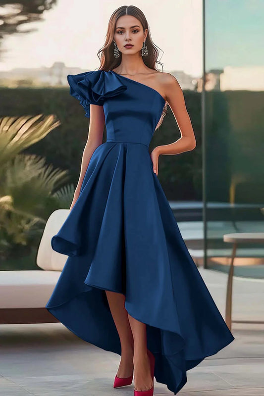 Single shoulder satin A-line high-low formal dress