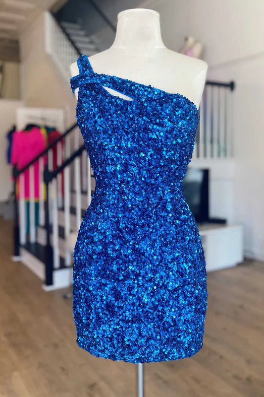 Single shoulder sequin keyhole mini back to school dress