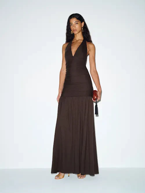 Sjzca Chocolate Brown Halter Neck Ruched Maxi Prom Dress