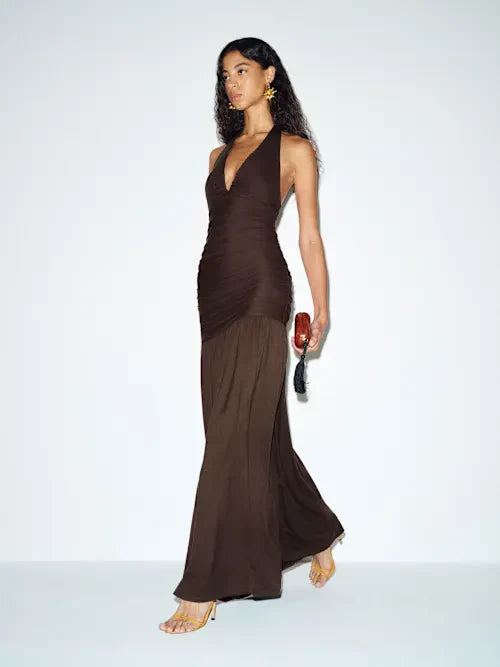 Sjzca Chocolate Brown Halter Neck Ruched Maxi Prom Dress