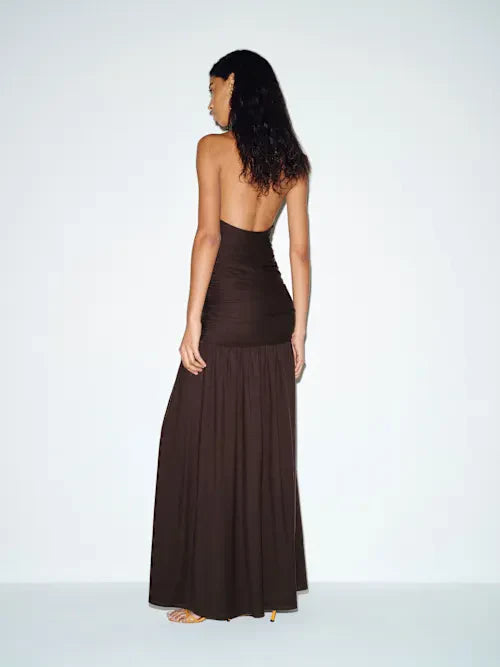 Sjzca Chocolate Brown Halter Neck Ruched Maxi Prom Dress