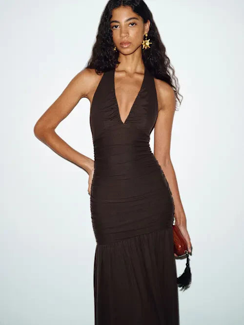 Sjzca Chocolate Brown Halter Neck Ruched Maxi Prom Dress