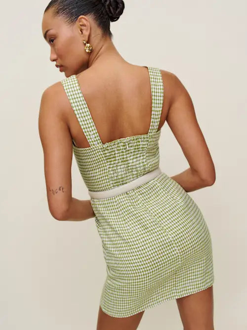 Sjzca Green Gingham Square Neck Mini Prom Dress