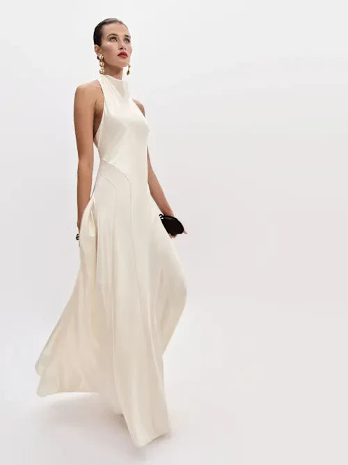 Sjzca Ivory Satin Halter Neck Open Back Maxi Prom Dress