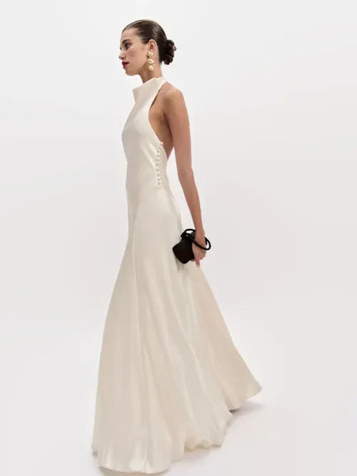 Sjzca Ivory Satin Halter Neck Open Back Maxi Prom Dress