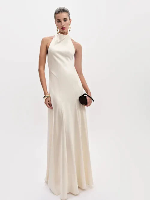 Sjzca Ivory Satin Halter Neck Open Back Maxi Prom Dress