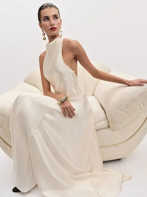 Sjzca Ivory Satin Halter Neck Open Back Maxi Prom Dress