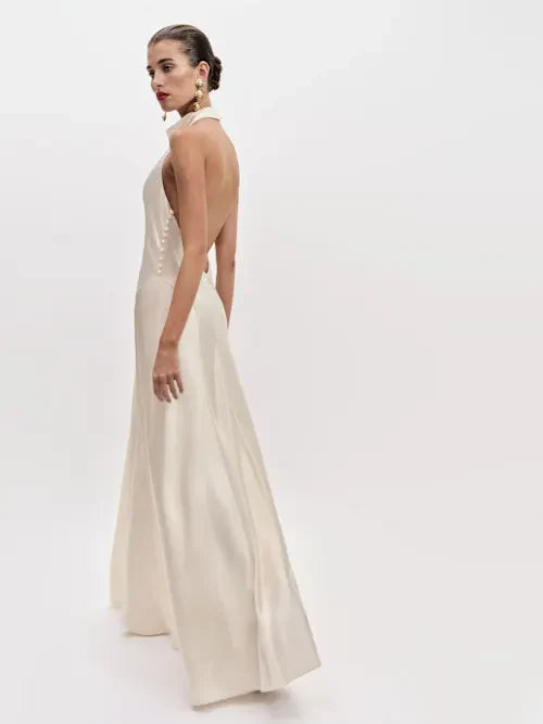 Sjzca Ivory Satin Halter Neck Open Back Maxi Prom Dress