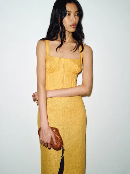 Sjzca Marigold Yellow Corset Bodice Midi Prom Dress