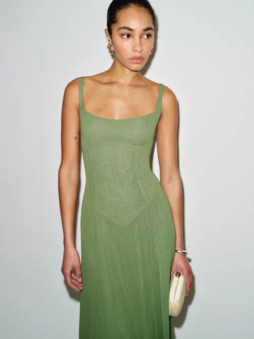 Sjzca Sage Green Corset Bodice Maxi Prom Dress with High Slit