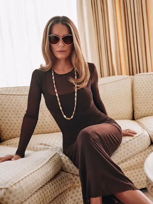 Sjzca Sheer Brown Long Sleevewith Gold Chain Accent Midi Prom Dress